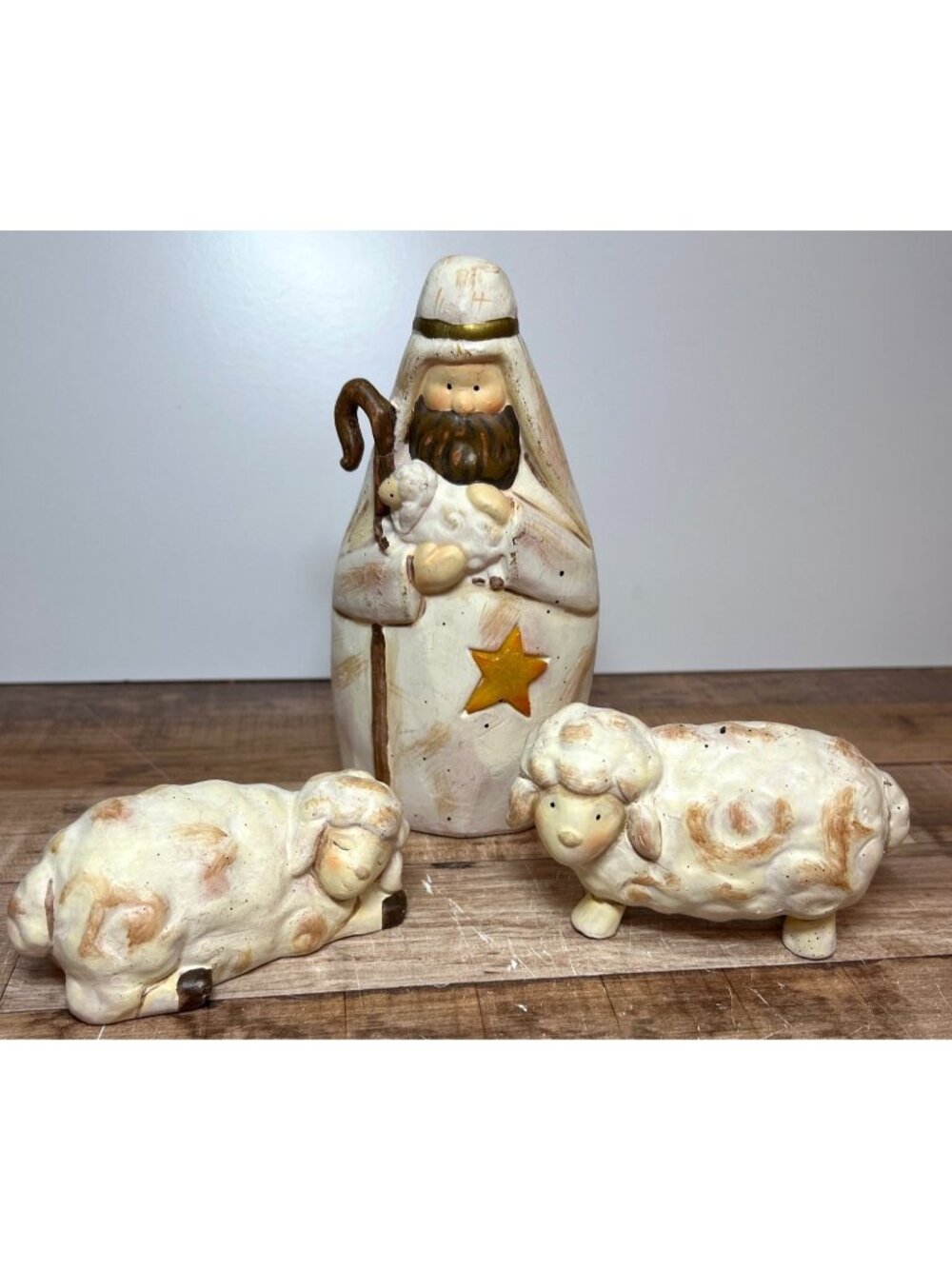 Hand-Painted Ceramic Nativity Set With Shepherd & Two Sheep Figurines Christmas